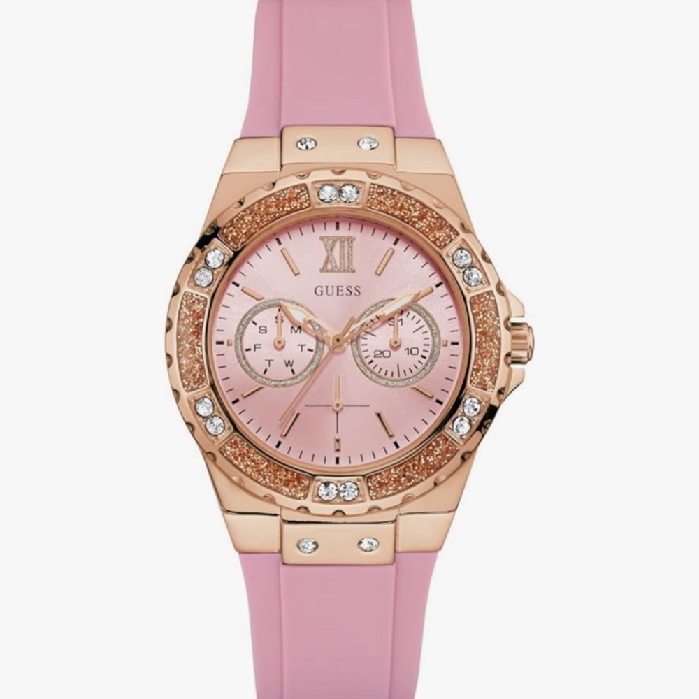 NWT • GUESS • Women's Stainless Steel + Stain Resistant Silicone Watch • Pink
